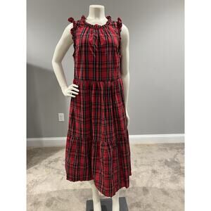 J. Crew Women's lightweight sleeveless Tiered Tartan Red Ruffle Midi Dress 8